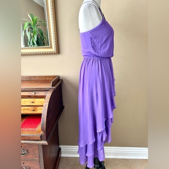 Guess Purple Ruffle Midi Dress High Low Maxi Cross Back Elastic Waist Size XS - Picture 6 of 10